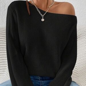 Medium Black Ribbed Knit Asymmetrical Shoulder Sweater - SHEIN